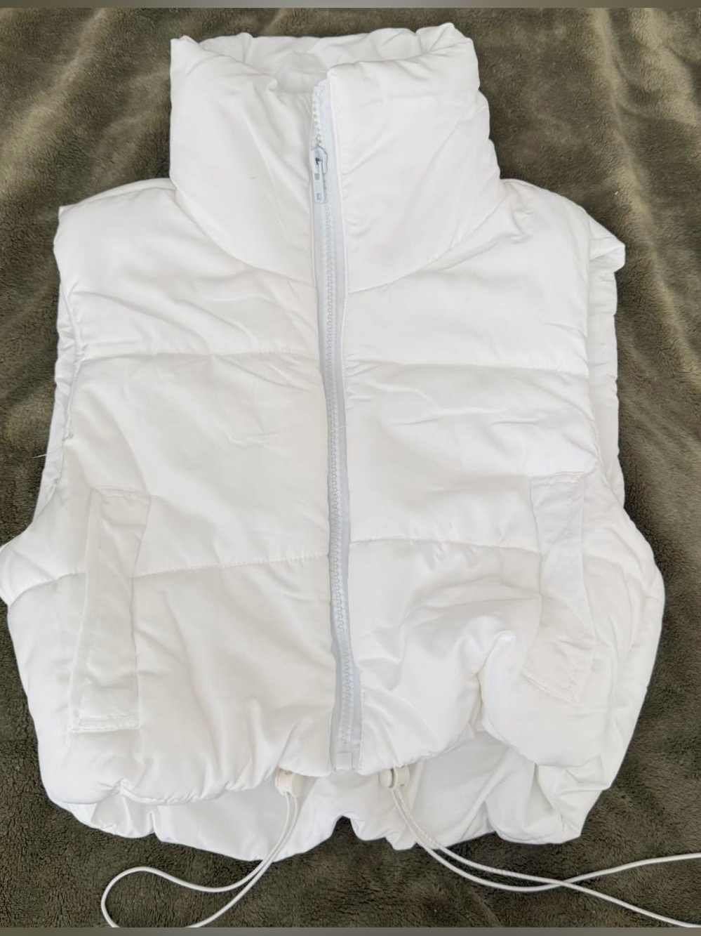 white puffer mock neck zip up vest